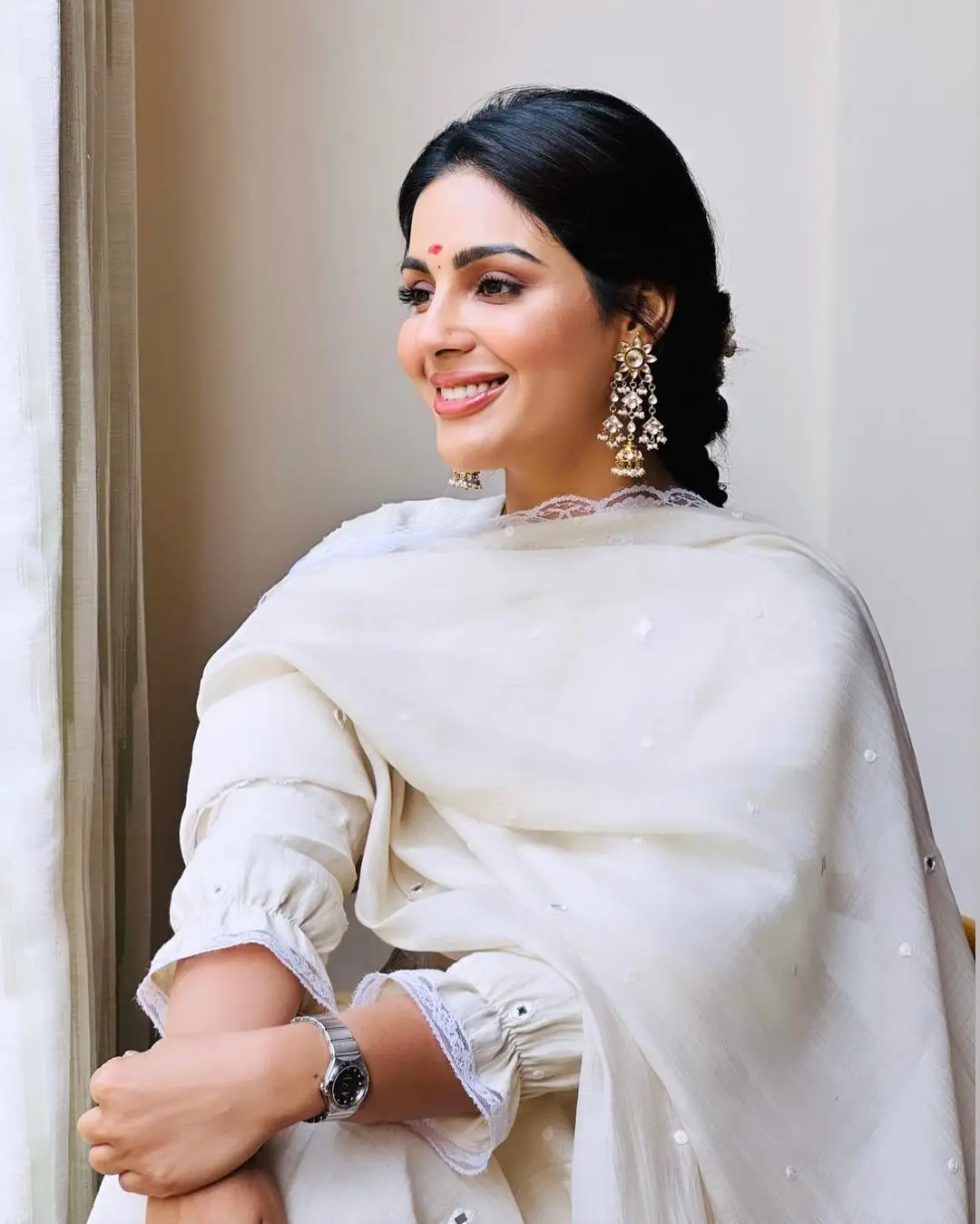 Samyuktha Menon Wearing Beautiful Earring White Designer Dress